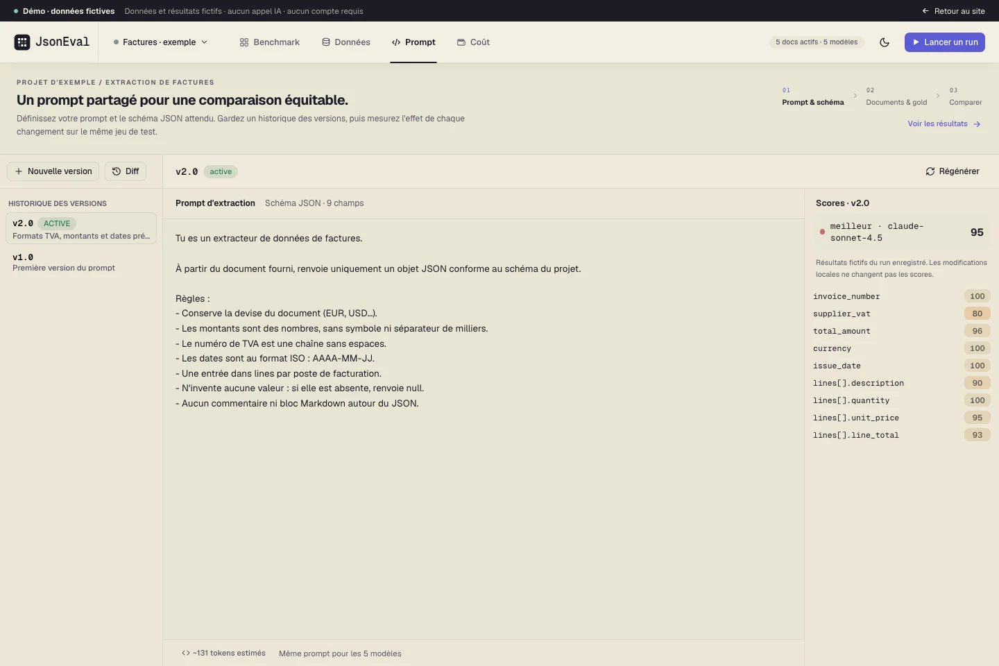 Versions du prompt et scores par champ dans la démo statique JsonEval