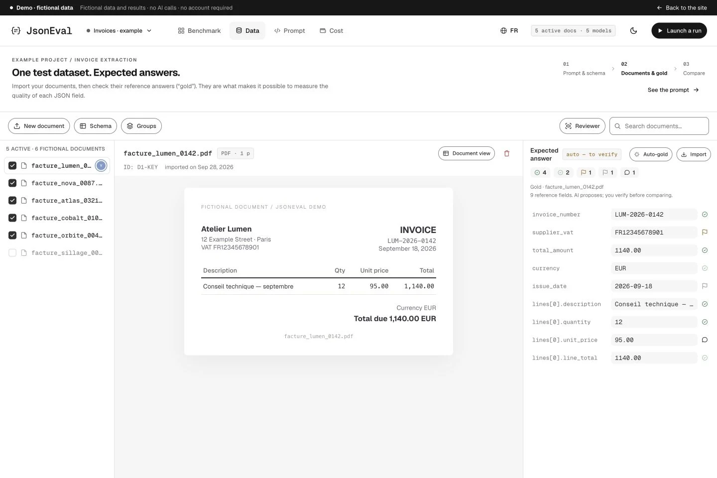 Fictional invoice and reference values with validation states in JsonEval