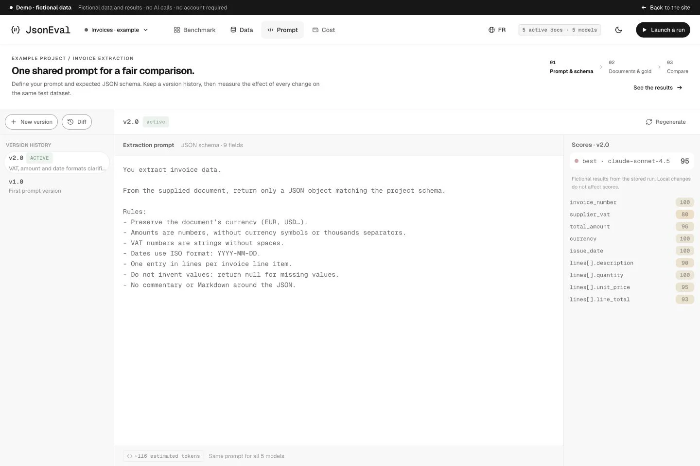 Prompt versions and field scores in the static JsonEval demo